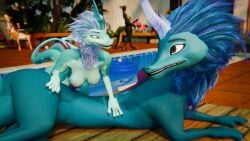 2026 3d_(artwork) amba_(ratld) antelope anthro blue_body blue_eyes blue_fur blue_hair bovid breasts claws detailed_background dezzak digital_media_(artwork) disney dragon eastern_dragon eye_contact female feral fur gazelle gazelle_(zootopia) hair hi_res horn looking_at_another mammal massage mythological_creature mythological_scalie mythology nude pool_toy raya_and_the_last_dragon resort salliviya_(slad) scalie sibling_(lore) sister_(lore) sisters_(lore) sisu_(ratld) swimming_pool zootopia