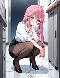 1girls 2d ai_generated aivy_lovencraft big_breasts breasts curvy_body female female_only fogine green_eyes indie_virtual_youtuber light-skinned_female light_skin long_hair looking_at_viewer monocle office office_clothing office_lady pantyhose pink_hair smile thick_thighs thighs vtuber