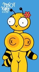 2d_(artwork) :> anthro bee belly_button big_breasts blue_background digital_drawing_(artwork) edit edited female female_only first_porn_of_character flower_in_hair insect munchykirby1 no_ai orange_nipples original_character queen_bumble tagme unknown_copyright vagina yellow_body