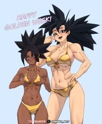 2girls big_breasts bikini black_hair breast_envy breasts dark-skinned_female dark_skin dragon_ball dragon_ball_z fan_character female female_only golden_bikini golden_week height_difference light-skinned_female light_skin original_character rhoady_arts saiyan tagme