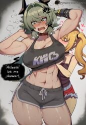 2girls ai_generated alternate_costume armpit_fetish behind_another caesar_king dolphin_shorts female female/female female_only groping height_difference luciana_de_montefio muscular_female ndgens simple_background size_difference smelling_armpit sniffing speech_bubble sweat tank_top tank_top_lift text thick_thighs watermark zenless_zone_zero
