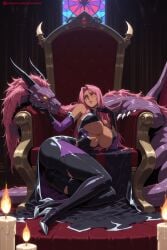 kiraamane ai_generated patreon seductive sexy uncensored watermark hi_res high_quality high_resolution ingrid_(taimanin_asagi) final_fantasy breasts pink_hair yellow_eyes 1girl large_breasts crossed_legs shiny long_hair shiny_skin sitting looking_at_viewer ass solo strapless mole bare_shoulders shiny_clothes elbow_gloves high_heels lipstick makeup thighs legs throne smile lips