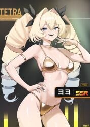 1girls armlet armpits artist_name black_ribbon blonde_hair blue_eyes bracelet breasts character_name choker cleavage drill_hair earrings female female_only gameplay_mechanics goddess_of_victory:_nikke gold_armlet gold_bikini gold_bracelet golden_week gradient_hair groin hair_between_eyes hair_intakes hair_ornament hair_ribbon hairclip hand_on_own_hip hand_up heart hoop_earrings jewelry long_hair looking_at_viewer medium_breasts multicolored_hair multiple_rings nail_polish open_mouth rdmai ribbon ring sidelocks smile solo standing swimsuit teeth twin_drills twintails upper_teeth_only very_long_hair white_choker white_nails yoyo_(nikke)