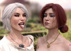 2018 2girls 3d after_oral after_sex ciri_(cosplay) ciri_(daz) cosplay cum cum_in_mouth cum_inside cum_on_tongue daz_studio female female_only looking_at_viewer multiple_girls necklace open_mouth red_hair smile spektra3dx the_witcher_(series) tongue tongue_out triss_merigold_(cosplay) white_hair yellow_eyes