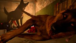 3d_(artwork) amber_eyes balls bed black_body black_fur blodrain bodily_fluids brown_body brown_fur camera canid canine canis claws condom cum detailed_background digital_media_(artwork) dildo dogmeat domestic_dog dripping duo fallout feral film_grain fur furniture genital_fluids genitals german_shepherd herding_dog hi_res inside knot leaking_cum legs_up looking_at_another looking_pleasured lying lying_on_bed male male/male mammal microsoft on_bed on_side pastoral_dog penis precum precum_drip red_eyes red_penis sex_toy sexual_barrier_device tail tail_motion tailwag toe_claws tongue tongue_out video_camera volumetric_lighting