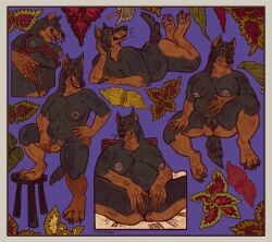 absurd_res anthro beauceron belly big_belly big_breasts border breasts butch_(disambiguation) canid canine canis domestic_dog female genitals herding_dog hi_res huge_filesize jagal jay_(deotasdevil) mammal masturbation overweight pastoral_dog paws pinup pose pussy_peek solo vulva yellow_border