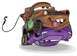 1boy 1girls ambiguous_penetration cars_(film) cars_2 disney holley_shiftwell living_machine living_vehicle looking_pleasured mater pixar sex simple_background sports_car tongue_out tow_truck vehicle white_background