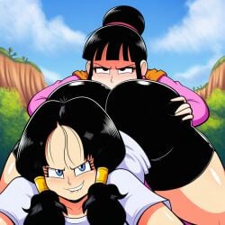 2girls ai_generated ass_kiss big_ass big_butt biting_lip biting_own_lip black-haired_female black_hair black_shorts blue_eyes blush blush_lines blushing blushing_female butt_kiss chichi clothed dragon_ball dragon_ball_z drooling face_down_ass_up female female_only gilf grandmother hairbun hand_on_ass hand_on_butt head_down_ass_up jack-o_pose kissing_ass kissing_butt light-skinned_female light-skinned_females light_skin looking_at_viewer looking_forward looking_straight mature mature_female mature_woman mouth_on_ass mouth_on_butt novelai older_female outdoors outside pigtails saliva saliva_on_chin smug smug_expression smug_eyes smug_face teenage_girl teenager teeth teeth_showing videl white_shirt