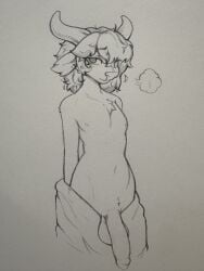 2026 2_horns anthro balls bovid bovine breath cattle chest_tuft ear_piercing eyelashes femboy fur genitals graphite_(artwork) hair hand_behind_back hi_res horn looking_at_viewer male mammal monochrome mouth_closed navel nipples penis piercing shiftyeen solo standing towel traditional_media_(artwork) tuft