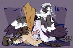 abstract_background absurd_res anal anal_penetration arms_tied_behind_back avian avian_feet bird birdie_(canadabirdie) birdpathy black-capped_chickadee blush bodily_fluids chickadee claws collar collar_only cum cum_in_ass cum_inside cum_on_penis duo from_behind_position genital_fluids genitals great_grey_shrike hi_res kneeling legband_only lying male male/male nude on_front oscine passerine penetration penis raised_tail sex stercore_murum tail tit_(bird) wing_claws wings wings_tied