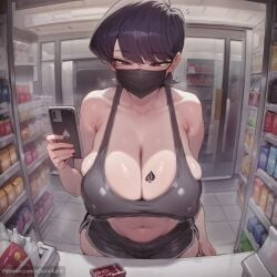 komi_shuuko milf komi-san_wa_komyushou_desu netorare ntr 1boy queen_of_spades blacked bbc 2d absurdres absurd_resolution absurd_res highres high_resolution high_quality hi_res patreon watermark uncensured image 2026 ai_generated xdomikami 1girl solo breasts blush short_hair large_breasts black_hair holding navel cleavage bare_shoulders purple_eyes collarbone shorts indoors black_eyes huge_breasts covered_nipples short_shorts tattoo mask black_shorts phone cellphone smartphone patreon_username holding_phone sports_bra mouth_mask tiles covered_mouth tile_floor shop convenience_store condom_box