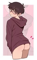 1boy bottomless butt butt_focus cheeky_smile dross femboy glasses hoodie jewels_(dross) light-skinned_male looking_at_viewer looking_back looking_back_at_viewer male naughty_face naughty_smile no_pants partially_clothed ruby_(dross) twink