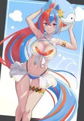 1girls absurd_res alear_(fire_emblem) alluring armlet arms_up ball bare_arms bare_shoulders beachball big_breasts bikini blue_bikini blue_eyes blue_hair blush breasts character_ball cleavage closed_mouth commentary_request criss-cross_halter crossed_bangs fire_emblem fire_emblem_engage fire_emblem_heroes flower gold_armlet gold_thighlet hair_flower hair_ornament halterneck heterochromia high_res holding holding_ball holding_beachball intelligent_systems jewelry long_hair multicolored_bikini multicolored_hair multicolored_swimsuit navel nintendo official_alternate_costume official_alternate_hairstyle ponytail red_bikini red_eyes red_hair showgirl_skirt smile sommie_(fire_emblem) split-color_hair stomach swimsuit tarutaru193 thighlet thighs two-tone_hair very_long_hair white_bikini alear_(fire_emblem)_(female) alear_(female)_(seaside_dragon)_(fire_emblem)