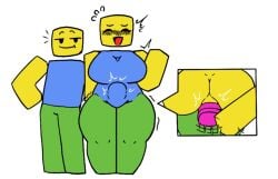 duy1054 roblox robloxian noob 2026 1girls 1boy standing blocky_body bald male female male/female pants green_pants sleeveless sleeveless_shirt blue_shirt shirt yellow_skin bald_male bald_female breasts big_breasts ass big_ass thighs thick_thighs motion_lines ass_out stomach_bulge dildo dildo_in_ass smile black_eyes closed_eyes blush wave open_mouth white_background solid_color_background plain_background simple_background arm_behind_back