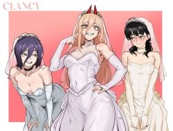 chainsaw_man reze_(chainsaw_man) mitaka_asa asa_mitaka power_(chainsaw_man) clancy horns black_hair blonde_hair purple_hair choker wedding_dress wedding_ring wedding_veil bridal_gauntlets bride bridal_veil tiara looking_at_viewer 3girls female_only trio nervous blush medium_breasts different_breast_sizes dress artist_name