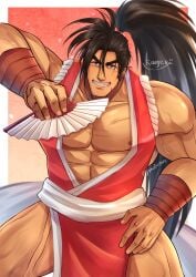 1boy abs absurd_res artist_name artist_signature bandaged_arm bangs bara bare_breasts beard_stubble beefy biceps big_areola breasts broad_shoulders brown_eyes brown_hair collarbone costume_switch crossover daddy dilf fatal_fury flower_petals folding_fan gay gradient_background grin hand_fan hand_on_leg haohmaru haoumaru hi_res holding_object hunk japanese_clothes kimono king_of_fighters legs_apart long_hair looking_at_viewer mai_shiranui_(cosplay) male male_only manly mature_male mofnyan moobs muscles muscular muscular_arms muscular_legs muscular_male muscular_neck muscular_thighs no_body_hair no_visible_genitalia pecs pelvic_curtain ponytail quadriceps revealing_clothes rolled_up_sleeves samurai_shodown six_pack skimpy snk solo standing thick_eyebrows tied_hair tough_guy veiny_arms very_high_resolution very_long_hair white_border yaoi