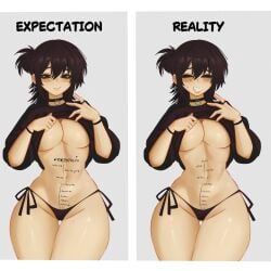 1girls solo solo_focus solo_female female female_only female_focus curvy voluptuous voluptuous_female curvaceous curvy_figure curvy_female tagme thighs thick_thighs hi_res highres high_resolution absurd_res absurdres absurd_resolution penetration_depth_mark length_markings body_writing writing_on_body writing_on_belly measuring_penetration_depth measuring markings light_skin light-skinned_female expectation_vs_reality underboob undressing shirt shirt_lift shirt_up black_hair front_view kapelalie original original_character breasts big_breasts large_breasts busty huge_breasts thong black_thong bikini bikini_bottom black_bikini choker black_eyes goth goth_girl stomach belly navel midriff bare_midriff exposed_midriff blush blushing blush_lines simple_background comparison comparing shiny_skin shiny_breasts shiny glistening glistening_body glistening_skin glistening_breasts