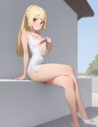 ai_generated bare_legs blonde_female boob_window dress_lift high_heels lillie_(pokemon) long_hair pokemon pokemon_sm