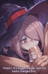 ai_generated ai_assisted breasts uncensored thick_thighs thighs thick_ass curvy curvy_female curvy_body moonwool_branch purple_hair pink_hair hair_over_one_eye one_eye_obstructed red_eyes pale_skin witch_hat witch little_witch_academia sucy_manbavaran comic caption talking talking_to_viewer big_breasts large_breasts blowjob fellatio oral oral_sex deepthroat sucking sucking_penis pov male_pov