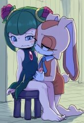 cosmo_the_seedrian cream_the_rabbit futanari ai_generated jerkingoff_another sonic_(series) sonic_the_hedgehog_(series) sonic_x barefoot dim_lighting nervous nervous_sweat