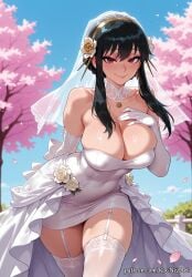1girl 2026 ai_generated anime arm_behind_back bangs bare_shoulders black_hair blue_sky blush boobs breasts bridal_veil bride cherry_blossoms choker cleavage closed_mouth collarbone covered_navel crossover day dress earrings elbow_gloves eye_contact female female_focus flower flushed garter_straps gloves gold_earrings hair_accessory hair_flower hair_ornament hairband hand_on_own_chest handwear highres huge_breasts jewelry large_breasts long_hair looking_at_viewer neutral_expression nsfw outdoors patreon patreon_username petals red_eyes rognezart rose sidelocks skindentation sky smile smiling solo spy_x_family strapless thick_thighs thighhighs thighs veil very_long_hair web_address wedding_dress white_dress white_gloves white_thighhighs yor_briar yor_forger zettai_ryouiki