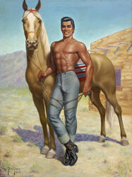 1952 dated shirtless bulge muscular nipples 1boy solo gay male male_only george_quaintance original traditional_media