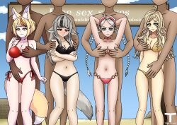 animal_ears bikini bikini_bottom bikini_top black_bikini fire_emblem fire_emblem_fates golden_bikini grabbing_boobs grabbing_from_behind multiple_boys multiple_girls nina_(fire_emblem) ophelia_(fire_emblem) pink_bikini red_bikini selkie_(fire_emblem) slave tony_x_play tonyxplay velouria_(fire_emblem)