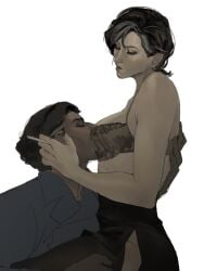 2girls arcane bra cassandra_kiramann dark-skinned_female dark-skinned_sub dark_skin face_between_breasts female female/female female_only fully_clothed graying_hair grayson_(arcane) interracial interracial_yuri kahelmoan light-skinned_female mature_female mature_woman medium_hair milf motorboating old_woman older_female page_1 partially_clothed salt_and_pepper_hair skirt smoking smoking_cigarette stockings topless white_background wip work_in_progress yuri