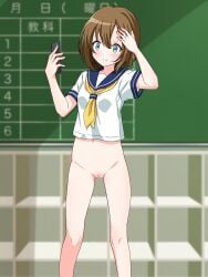 1girl absurdres bar_censor blue_eyes blue_sailor_collar blurry blurry_background blush bottomless brown_hair cellphone censored chalkboard cleft_of_venus closed_mouth commentary_request crop_top double-parted_bangs feet_out_of_frame female female_only frown hands_up highres holding holding_phone humiliation navel neckerchief original phone public_indecency public_nudity pussy rpca sailor_collar sailor_shirt school_uniform shirt short_hair short_sleeves smartphone solo split_mouth standing variant_set white_shirt yellow_neckerchief