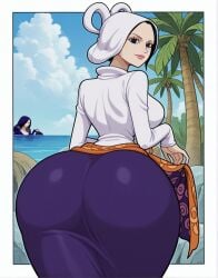 1girl 2girls ai_generated ass ass_bigger_than_head ass_focus beach black_eyes black_hair blue_sky breasts clothes_lift cloud day female female_only from_behind huge_ass large_breasts lips looking_at_viewer looking_back multiple_girls nico_robin one_piece outdoors palm_tree shyarly_(one_piece) sky smile solo_focus tree