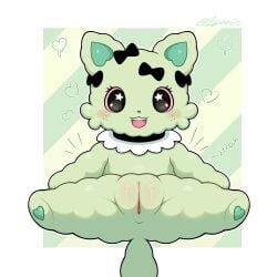 1:1 2026 artist_name blush body_blush bow_on_head bow_ribbon cel_shading clothing digital_drawing_(artwork) digital_media_(artwork) fangs felid feline female female_feral feral freckles frilly frilly_clothing front_view fur genitals green_background green_body green_fur heart_inner_ear heart_pawpads hi_res looking_at_viewer mammal open_mouth open_smile pattern_background pawpads paws pink_sclera plump_labia presenting presenting_vulva quadruped shaded simple_background smile solo spread_legs spreading star_in_pupils striped_background tail teeth text vulva vulva_blush white_background zyuuniie