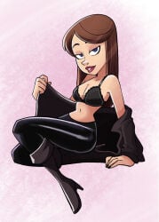 1girl underwear bra solo brown_hair black_bra breasts boots makeup long_hair black_pants lipstick cleavage high_heels looking_at_viewer medium_breasts navel pants undressing blue_eyes jacket sitting leather high_heel_boots full_body lips knee_boots black_footwear red_lips tight_pants parted_lips black_jacket purple_eyes pink_background smile eyeshadow off_shoulder removing_jacket vanessa_doofenshmirtz phineas_and_ferb risingfang