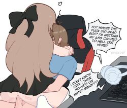 1boy 1girl black_bow black_skirt blue_skirt bow brown_hair chair commentary computer_keyboard desk english_commentary english_text erection gaming_chair girl_on_top headphones heart highres hug long_hair nulzart on_chair original penis sex skirt sound_effects swivel_chair watermark white_background