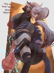 absurd_res anthro attribute_theft big_ass big_breasts big_butt big_penis butt electricity futanari generation_5_pokemon genitals hands_behind_head hi_res horse_penis huge_ass huge_balls huge_breasts huge_penis intersex lightning looking_at_viewer looking_back nintendo nittoh penis pokemon pokemon_(species) size_difference size_play size_theft smile spectrumshift tall_girl zebstrika