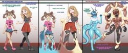 zorym pokemon serena_(pokemon) shauna_(pokemon) vaporeon_(cosplay) lopunny_(cosplay) 2girls transformation dollification transformation_sequence latex dialogue dialog english_text english english_dialogue offscreen_characters small_breasts breasts vagina pussy unwilling_transformation slime tagme