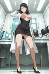 digitalwaifugallery ai_generated patreon seductive sexy uncensored watermark hi_res high_quality high_resolution kihara_(zaftero) 1girl breasts nipples solo black_hair lab_coat skirt indoors high_heels pencil_skirt pussy looking_at_viewer standing black_eyes ass_visible_through_thighs full_body breasts_out black_footwear black_skirt no_panties large_breasts office_lady from_below open_clothes monitor no_bra shirt coat long_sleeves hand_in_own_hair medium_hair long_hair