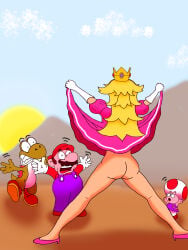1girls 3boys anthro armwear ass blonde_hair blue_overalls brown_hair clothing crown dinosaur dress female furry furry_male gloves green_skin green_yoshi hat human human_female human_male humanoid humanoid_male jorgeant lifting_dress light-skinned_female light-skinned_male light_skin long_hair looking_at_another male male/female mammal mario mario_(series) mature mature_female mature_male mushroom_humanoid mustache nintendo open_mouth overalls pink_dress princess princess_peach red_hat red_shirt reptile royalty scalie shirt shocked shocked_expression shoes short_hair tail toad_(mario) white_armwear white_gloves yoshi