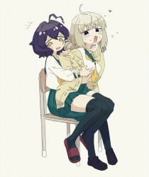 nendo23 mahou_shoujo_ni_akogarete araga_kiwi hiiragi_utena 2girls ahoge black_hair blush dry_humping fang grabbing_another's_breast groping_breasts humping chair kneehighs long_sleeves looking_down mole_under_eye open_mouth simple_background sitting_on_lap sitting sitting_on_person sailor_collar school_uniform skirt sweat sweater thighhighs yuri sexually_suggestive animated gif blonde_hair heart