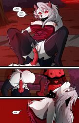 anthro anthro_penetrated anus bench black_hair bodily_fluids breasts butt canid canid_demon canine claws clothed clothed_anthro clothed_female clothed_humanoid clothed_male clothing clothing_aside comic cuckquean demon dialogue digital_media_(artwork) dress duo english_text erection exposed_breasts eyelashes female female_anthro female_penetrated fur furniture genital_fluids genitals grey_body grey_fur grey_hair group hair hellaverse hellhound helluva_boss hi_res hooves humanoid humanoid_on_anthro humanoid_penetrating humanoid_penetrating_anthro husband_and_wife imp long_comic long_eyelashes long_hair loona_(helluva_boss) male male/female male_penetrating male_penetrating_female mammal married_couple millie_(helluva_boss) moxxie_(helluva_boss) multicolored_body multicolored_fur mythological_canine mythological_creature mythology nipples panties panties_aside park park_bench penetration penile penile_penetration penis penis_in_vagina pubes public public_exposure public_sex red_body red_sclera red_skin sex smile swain_(artist) tail text topwear trio two_tone_body two_tone_fur underwear underwear_aside url vaginal vaginal_penetration vulva white_body white_fur