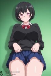 1female 1girl 1girls 2026 ai_generated artist_name bangs big_ass big_breasts black_hair black_sweater blue_skirt blush bow bowtie breasts closed_mouth clothes_lift collared_shirt cowboy_shot curvy green_background hi_res high_quality high_resolution highres huge_ass huge_breasts large_breasts lifted_by_self long_sleeves looking_at_viewer miniskirt patreon patreon_username pleated_skirt purple_eyes red_bow red_bowtie school_uniform shirt short_hair skirt smile solo sweater thighs uchi_no_otouto_maji_de_dekain_dakedo_mi_ni_konai? unjobdespiert watermark white_shirt yukiko_(uchi_no_otouto_maji_de_dekain_dakedo_mi_ni_konai?)