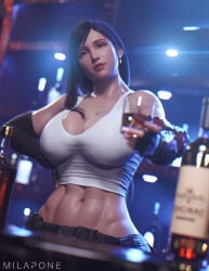 3d 3d_(artwork) 3d_model alcohol alcohol_bottle alcoholic_drink belly belly_button beverage big_breasts black_hair breasts clothed clothed_female clothing female final_fantasy final_fantasy_vii glass glass_cup gloves hair indoors light-skinned_female light_skin lips looking_at_viewer milapone nipples nipples_visible_through_clothing red_eyes skirt solo square_enix sweat sweating sweaty sweaty_body tifa_lockhart video_game_character video_game_franchise video_games wine wine_bottle wine_glass