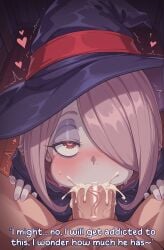 ai_generated ai_assisted breasts uncensored thick_thighs thighs thick_ass curvy curvy_female curvy_body moonwool_branch purple_hair pink_hair hair_over_one_eye one_eye_obstructed red_eyes pale_skin witch_hat witch little_witch_academia sucy_manbavaran comic caption talking talking_to_viewer big_breasts large_breasts blowjob fellatio oral oral_sex irrumatio deepthroat cum cum_in_mouth excessive_cum pov male_pov ahegao ahe_gao ahegao_face pleasure_face cheek_bulge