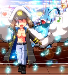 altaria ambiguous_gender beak beige_skin belt blue_eyes blue_skin boots breasts brown_hair clothes coat cosplay day drake_(pokemon)_(cosplay) duo_focus exposed_breasts female flying footwear front_view glowing_eyes hair hand_in_pocket hat heart holding holding_poke_ball human human_only interspecies looking_at_viewer luvdisc may_(pokemon) medium_breasts musical_note nintendo nipples open_clothes open_mouth outdoors pants pelipper poke_ball pokemon pokemon_rse red_eyes rorretsim round_ears sharp_teeth sharpedo ship short_hair sky smile snow source_request speech_bubble splash standing swimming ultra_ball wailmer wings wingull wink year_request