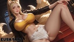 ai_generated amber_eyes animal_ears belly blonde_hair cameltoe curvy euskyart female female_only fox_ears fox_girl high_school_dxd large_breasts leather_jacket maid navel provocative seductive short_shorts shorts spread_legs yasaka_(high_school_dxd)