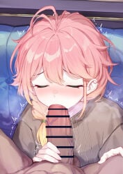1boy 1girl absurdres antenna_hair bar_censor blonde_hair blush braid censored closed_eyes coffeekite couch erection fellatio gradient_hair hair_between_eyes hetero highres long_hair multicolored_hair nose_blush oral original penis pink_hair pov single_braid solo_focus trembling uni_(coffeekite) veins veiny_penis