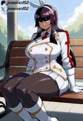 1girl ai_generated artist_name bangs bench black_hair black_pantyhose blunt_bangs boots breasts clothing collared_shirt curvy dark-skinned_female dark_skin day double-breasted fairy_tail female footwear gloves hair_ribbon hairband headwear hime_cut jacket jennieart02 kagura_mikazuchi knee_boots large_breasts legwear long_hair long_sleeves looking_at_viewer necktie outdoors pantyhose patreon patreon_logo patreon_username pleated_skirt red_necktie ribbon shoes sidelocks sitting skirt sky solo sweat thick_thighs thighs twitter twitter_username uniform watermark white_footwear white_gloves white_hairband white_jacket white_skirt yellow_eyes