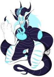 oc original_character demon demon_girl horns multiple_eyes long_hair long_tongue energy_hair glowing_eyes large_breasts large_ass large_thighs large_hands claws fangs long_tail large_tail white_body blue_nipples flipping_off smirk tongue tongue_out creature monster monster_girl pointy_ears slit_pupils