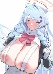 1girls absurdres ahoge areola_slip blue_archive blue_bow blue_bowtie blue_hair bow bowtie braid breasts cleavage closed_mouth dress female female_only foxallium gloves green_eyes halo hat highres huge_breasts light-skinned_female light_skin long_hair long_sleeves mine_(blue_archive) nurse_cap orange_halo pink_bow pink_bowtie pointy_ears remedial_knights_(blue_archive) simple_background solo trinity_general_school_student twin_braids upper_body white_background white_dress white_gloves