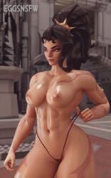 1girls 3d abs big_breasts bikini bikini_bottom black_hair blizzard_entertainment breasts brown_body dark-skinned_female eggsnsfw female female_only long_hair looking_away marzia_bartalotti muscular muscular_female nipples overwatch ponytail posing pulling_panties red_eyes standing tattoo thighs vendetta