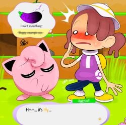 2girls brown_hair clothed clothing dialogue ditto ditto_(pokemon) ditto_(pokemon_pokopia) ditto_copied_person duo english_text erection female futa gynomorph hat head_tuft humanoid humor jigglypuff light_skin ota_(artist) pink_body pink_ears pink_hair pokemon pokemon_(species) pokemon_pokopia pokopia sweatdrop text text_box thought_bubble waddling_head